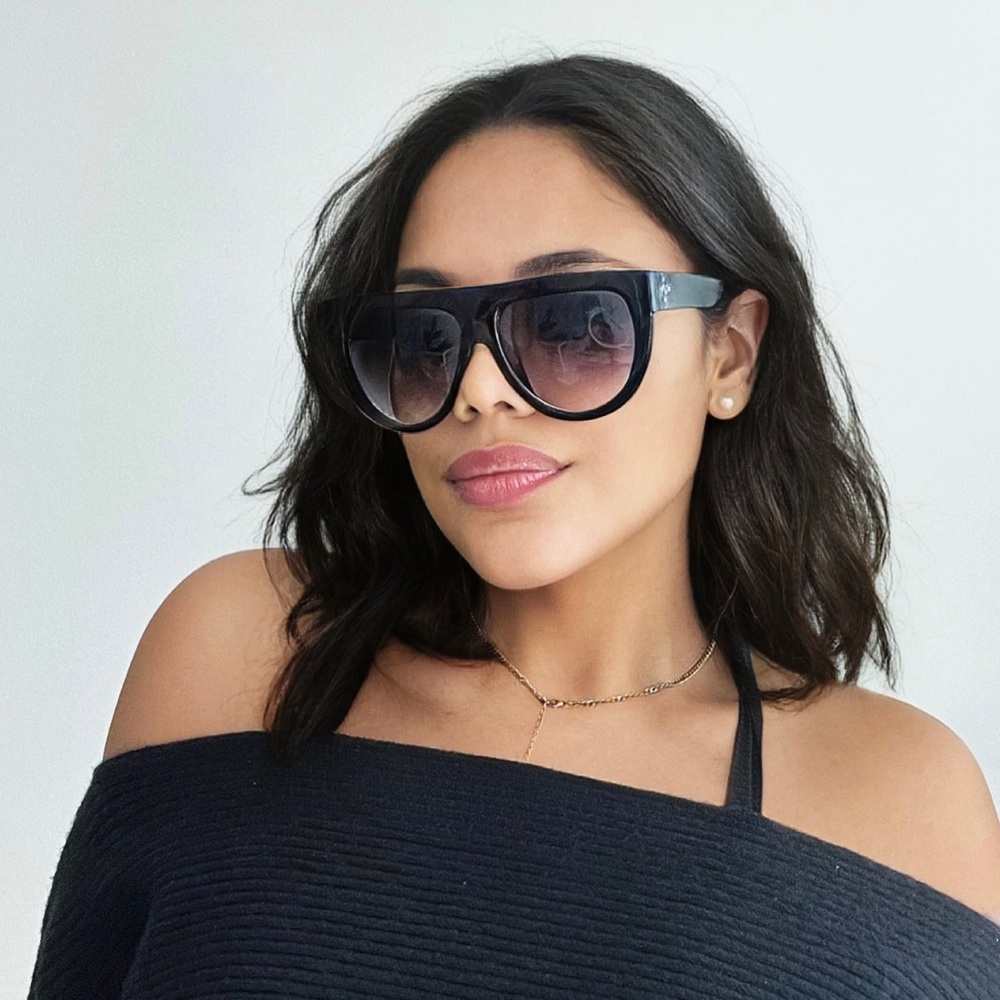Black Oversized Flat Top Aviator Style Glossy Frame Sunglasses